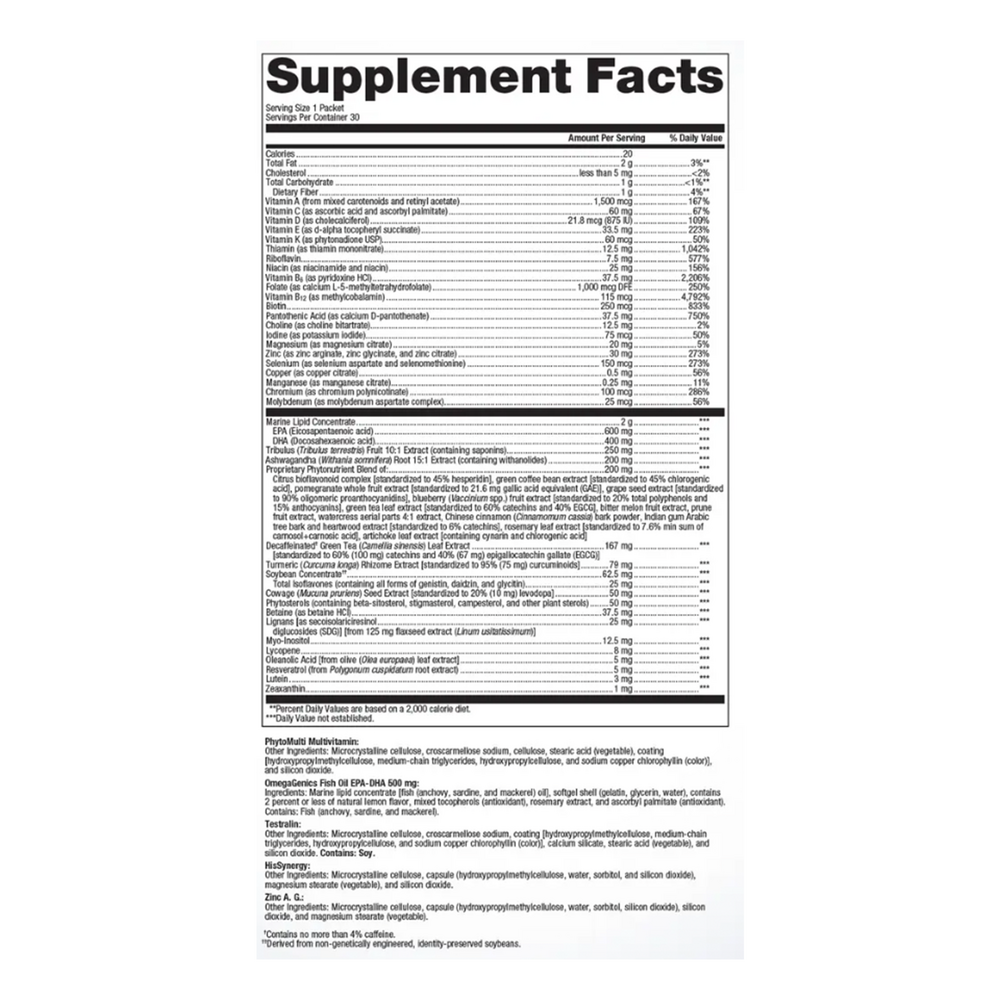 Wellness Essentials Men Vitality Supplement Facts Label