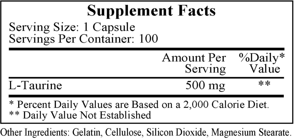 L-Taurine 500 mg Supplement Facts Label