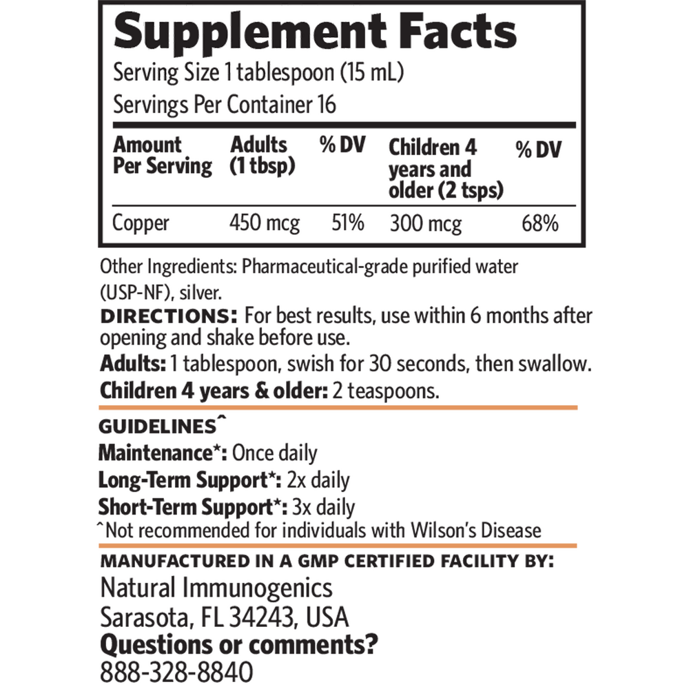 Pro-Strength Bio-Active Copper Hydrosol Supplement Facts Label