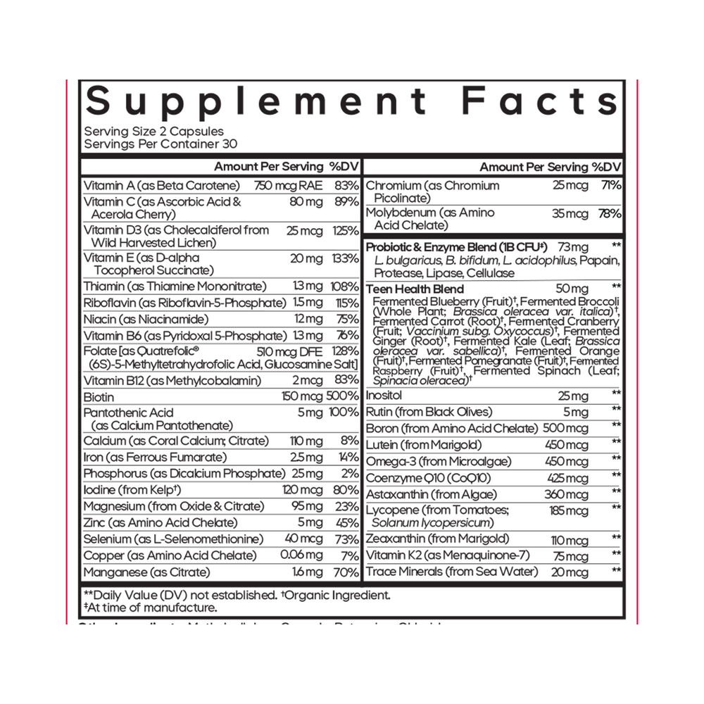 Teens Fermented Multivitamin Supplement Facts Label