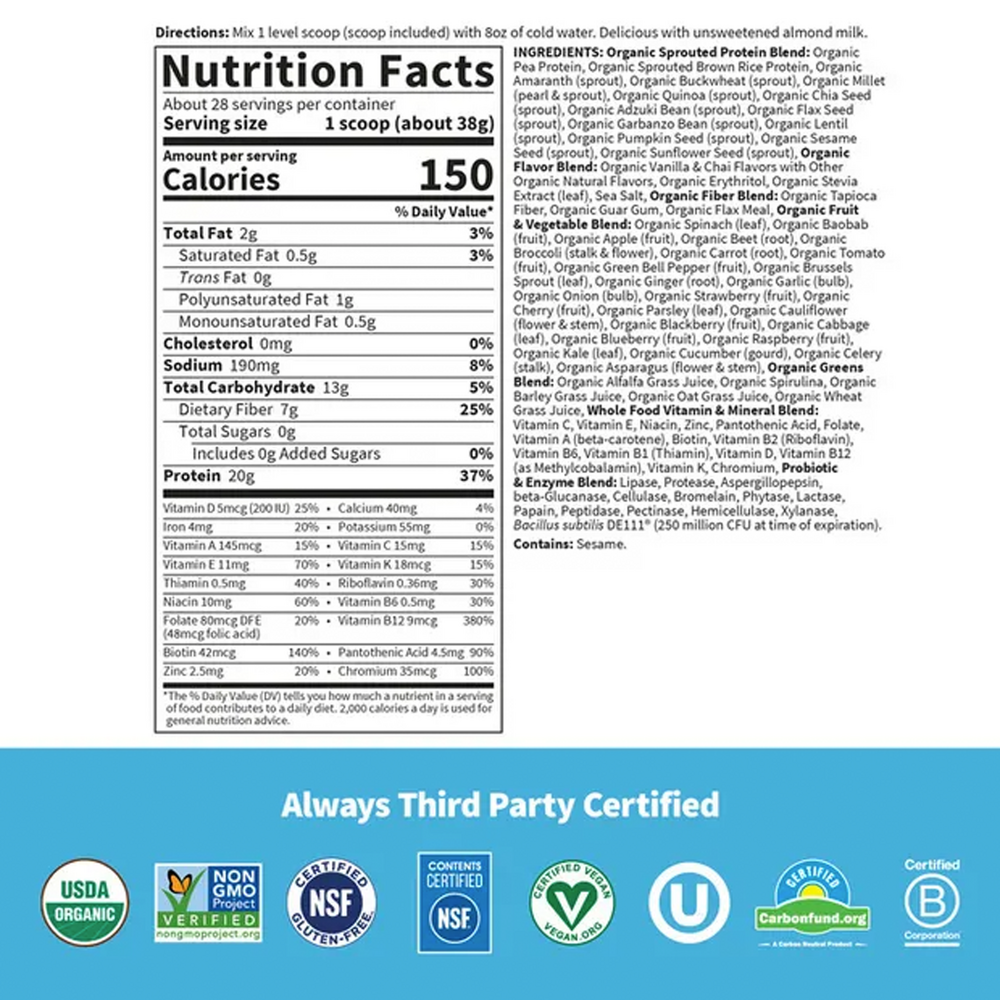 Raw Organic Meal Vanilla Spiced Chai Powder Supplement Facts Label