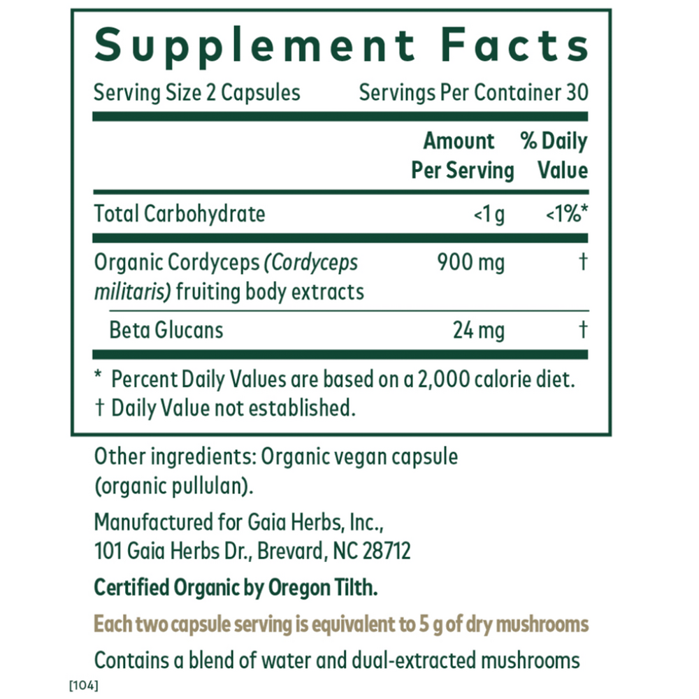 Cordyceps Mushroom Supplement Facts Label