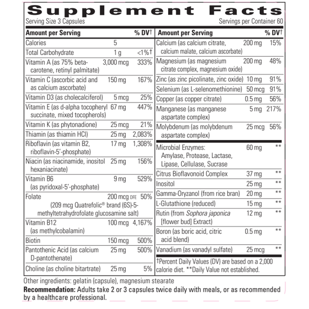 Nutrivitamin No Iron Enzyme Complex Supplement Facts Label