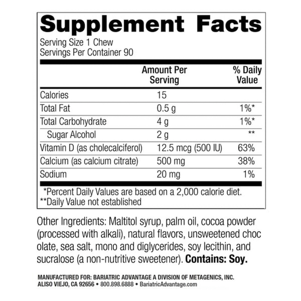 Calcium Citrate Chewy Bite Chocolate Supplement Facts Label