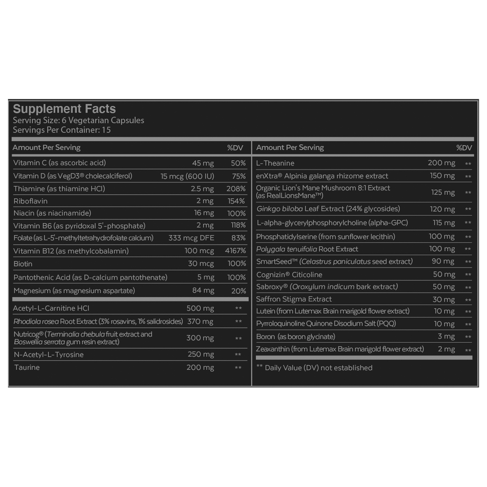 Qualia Mind Caffeine Free Supplement Facts Label