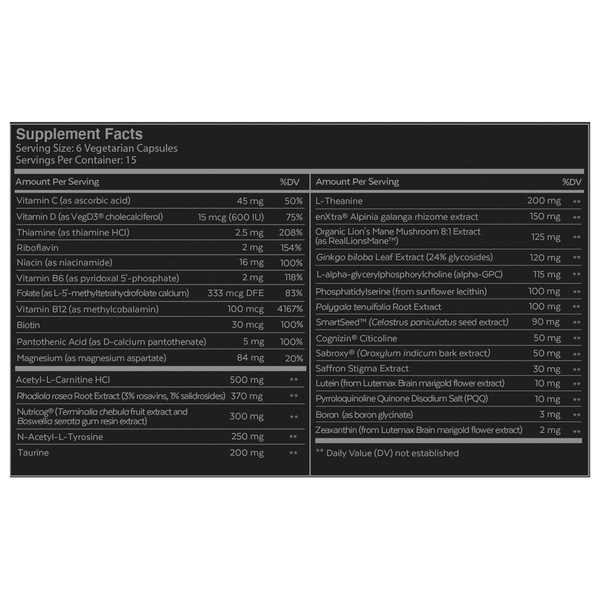 Qualia Mind Caffeine Free Supplement Facts Label