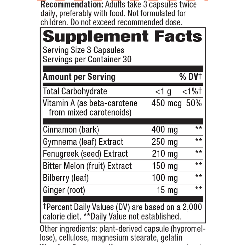 Blood Sugar Manager 90 Veg Capsules Supplement Facts Label