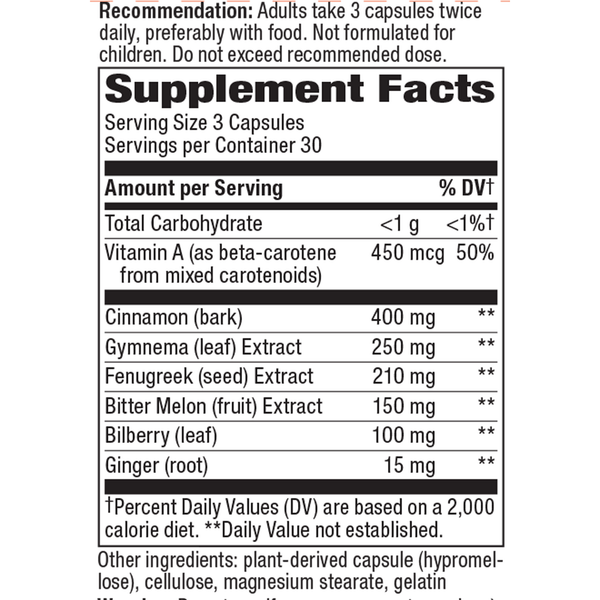 Blood Sugar Manager 90 Veg Capsules Supplement Facts Label