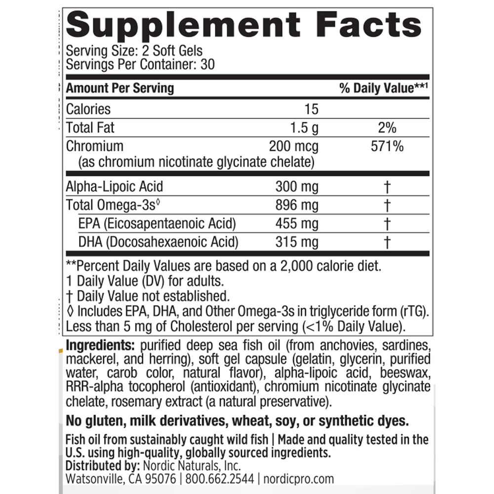 ProOmega Blood Sugar 60 Soft Gels Supplement Facts Label