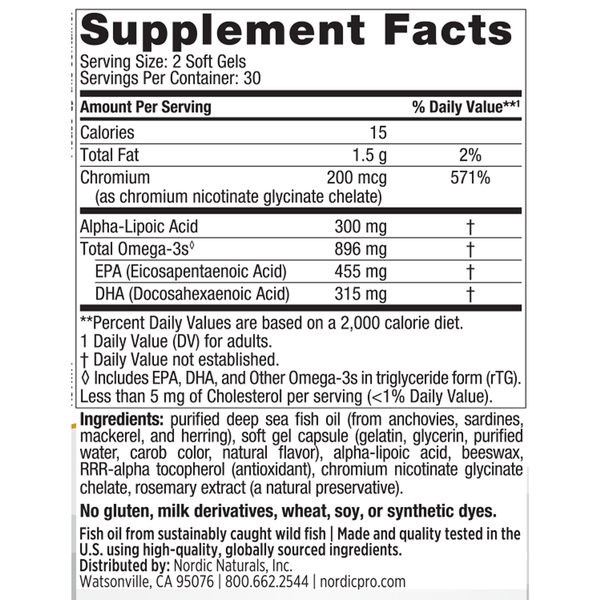 ProOmega Blood Sugar 60 Soft Gels Supplement Facts Label