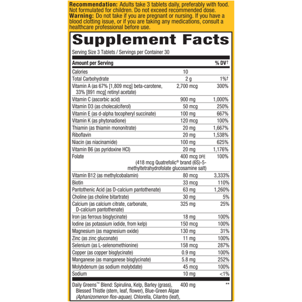 Alive!® Max3 Potency Multivitamin Tabs Supplement Facts Label
