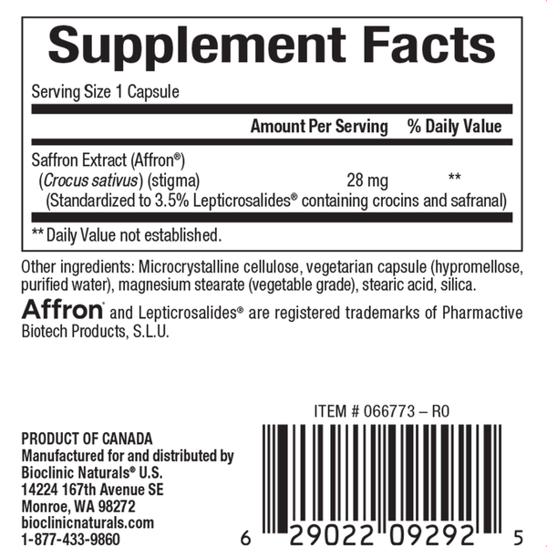 Saffron Extract Supplement Facts Label