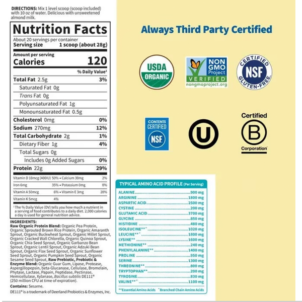 RAW Organic Protein Unflavored Supplement Facts Label