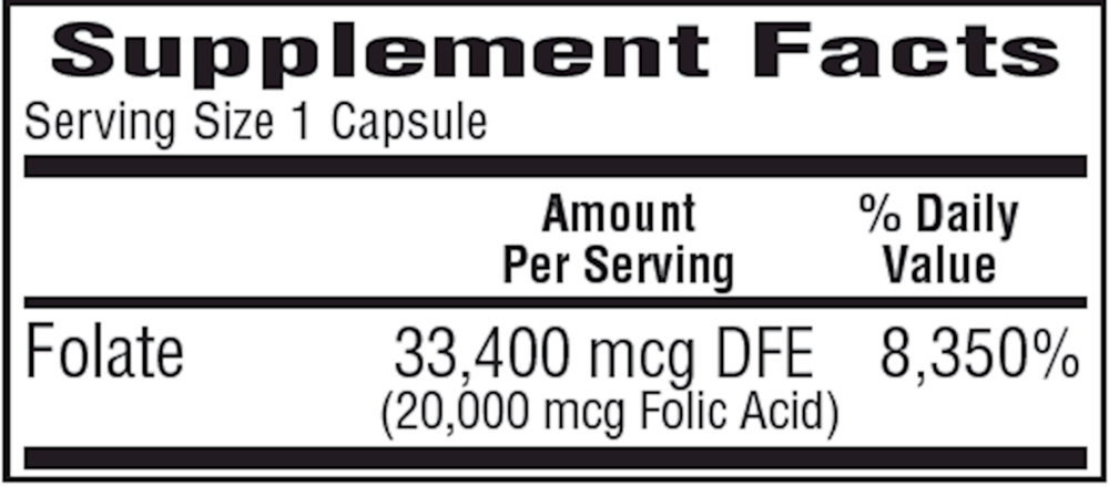 Folic Acid 20 mg Supplement Facts Label