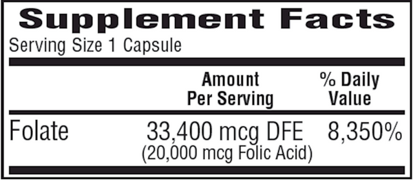 Folic Acid 20 mg Supplement Facts Label