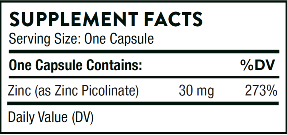 Zinc Picolinate 30 mg NSF Supplement Facts Label