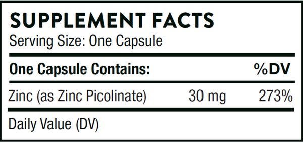 Zinc Picolinate 30 mg NSF Supplement Facts Label