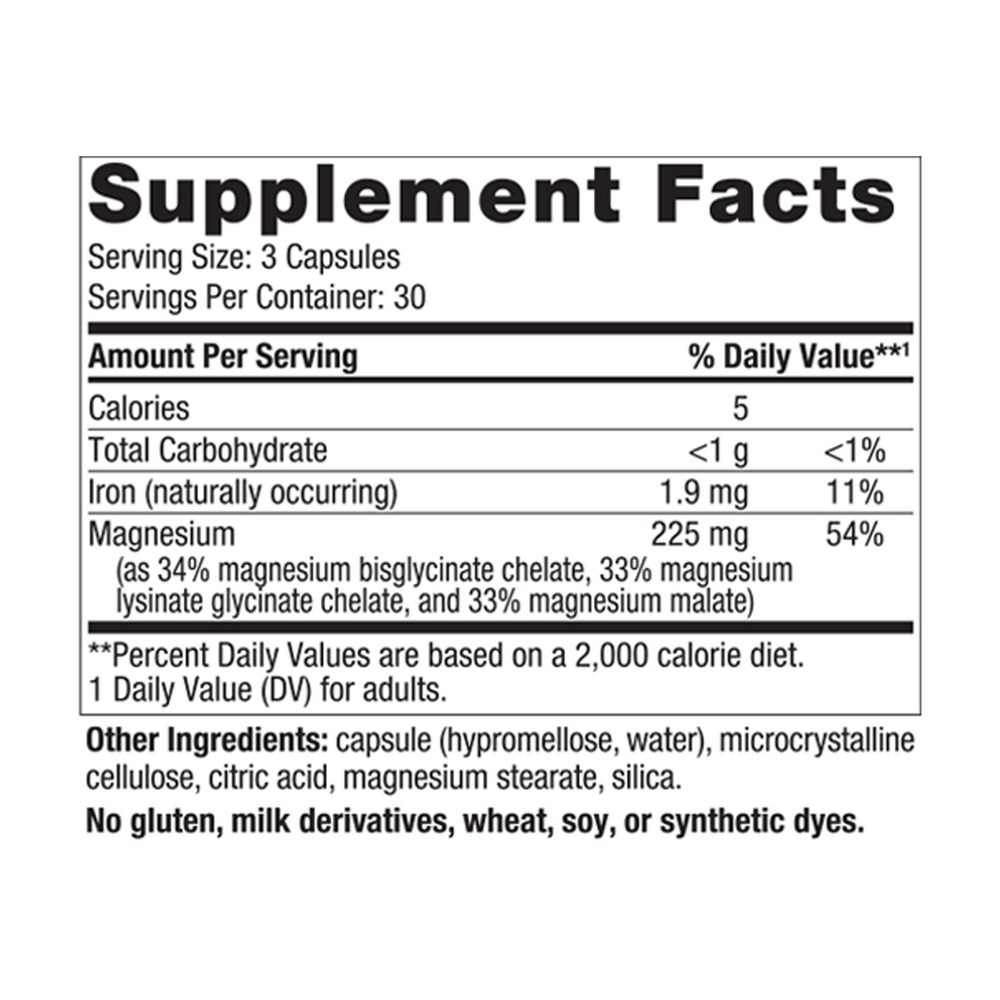 Magnesium Complex 90 Capsules Supplement Facts Label