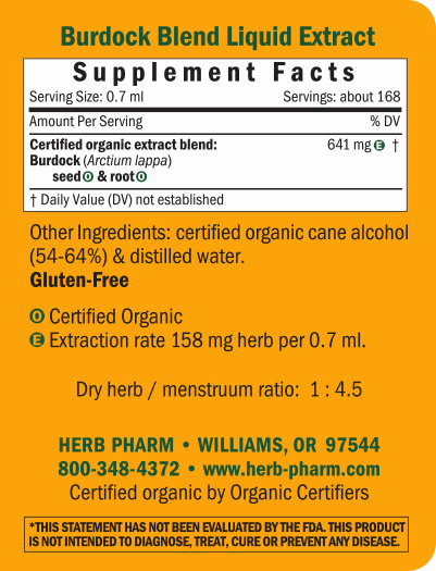Burdock Blend Supplement Facts Label