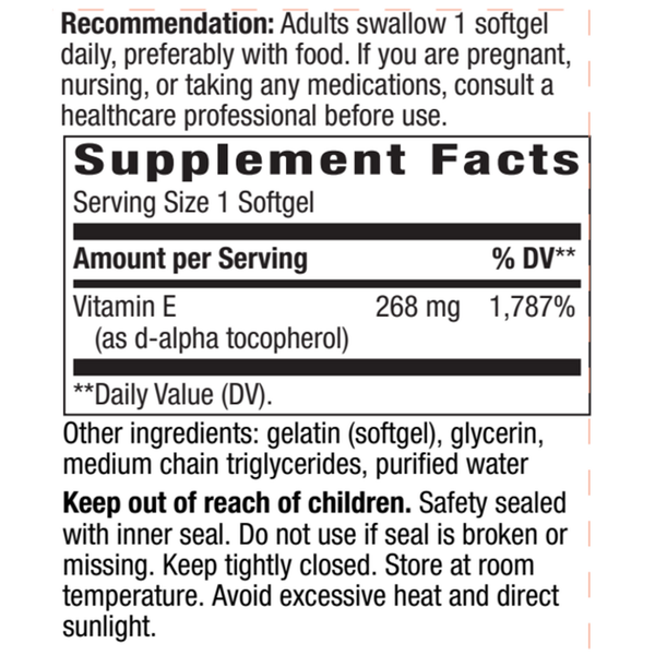Vitamin E 400 IU 100 softgels Supplement Facts Label