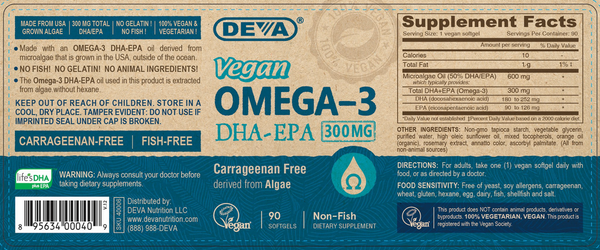 Vegan Omega-3 DHA-EPA 300 mg Supplement Facts Label