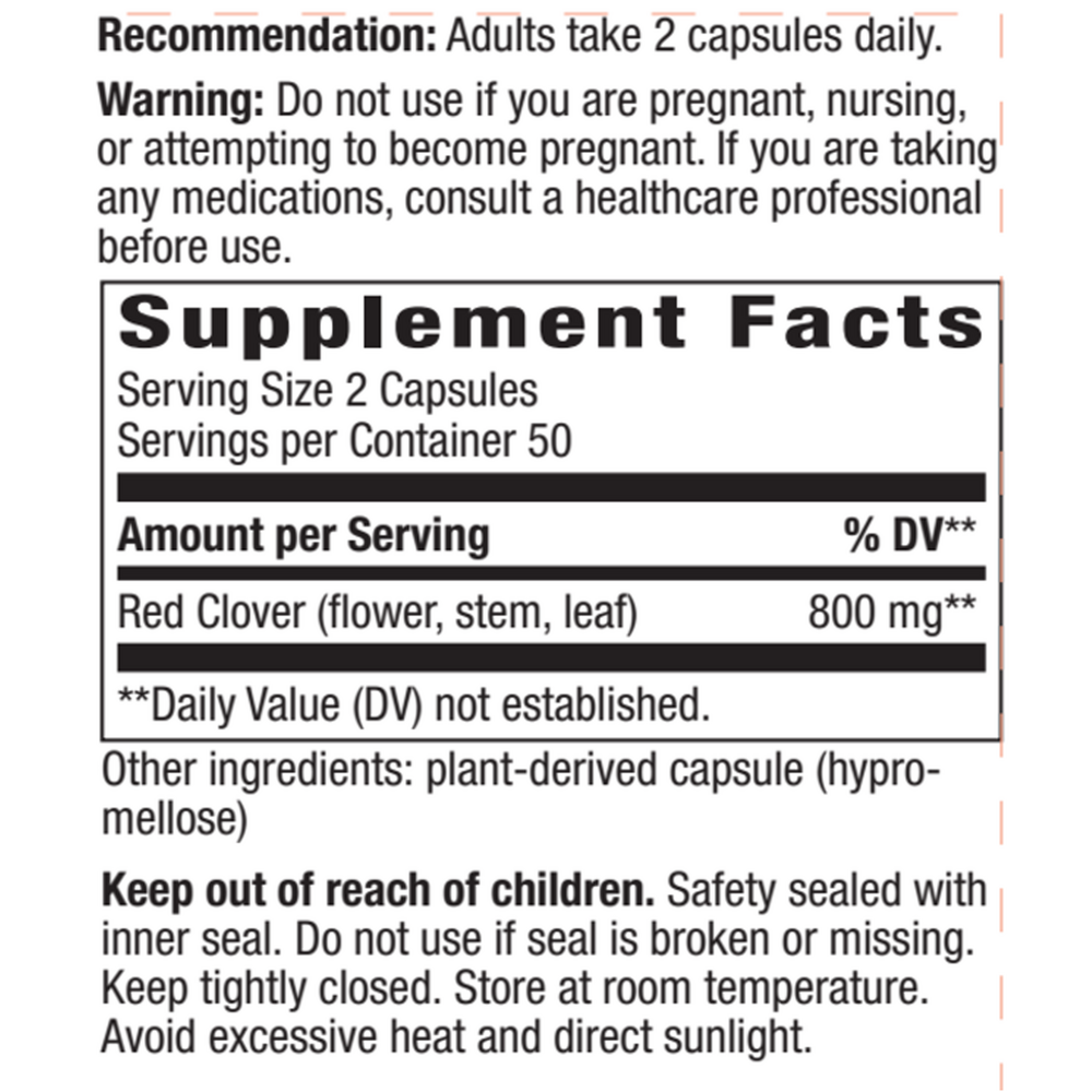 Red Clover Blossoms Supplement Facts Label