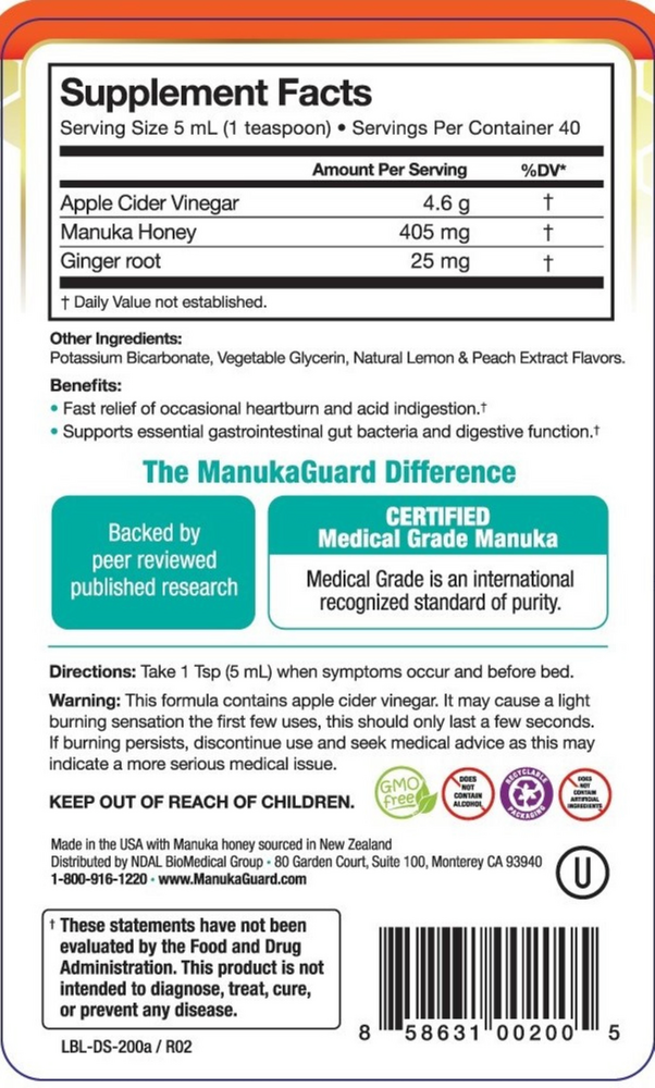 Medical Grade Manuka Honey Heartburn Lemon Peach Supplement Facts Label