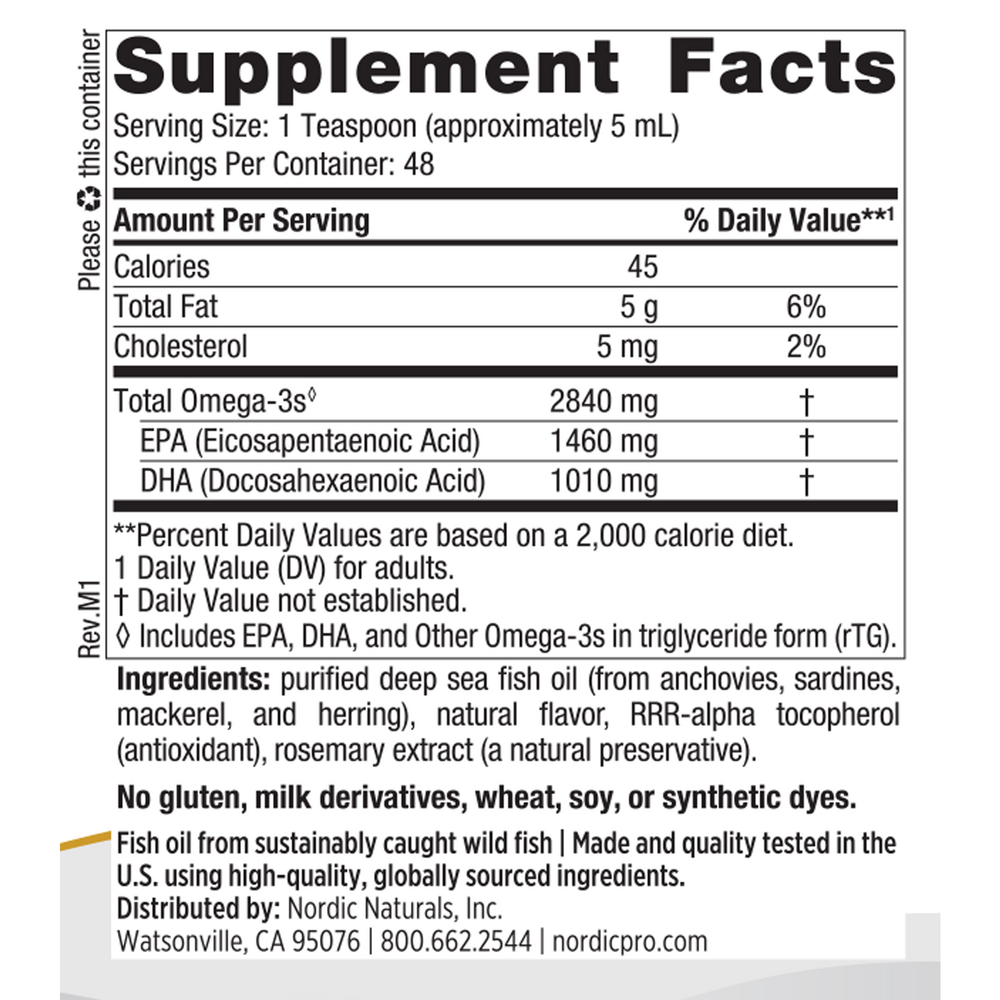 ProOmega 8 Fluid Ounces Lemon Supplement Facts Label