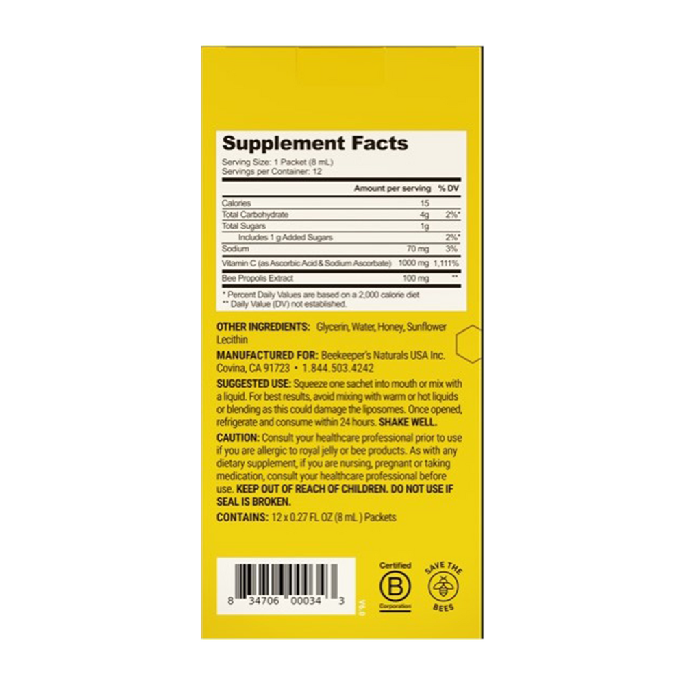 Propolis Liposomal + Vitamin C Supplement Facts Label
