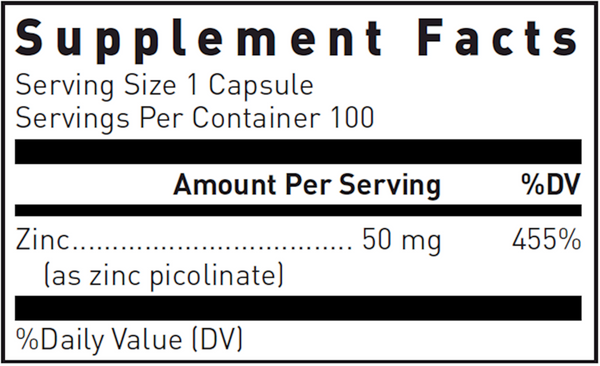 Zinc Picolinate Complex Supplement Facts Label