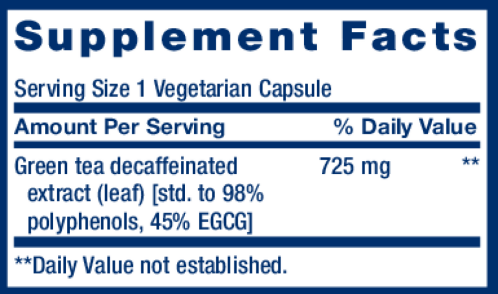 Decaffeinated Mega Green Tea Extract Supplement Facts Label