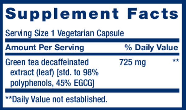 Decaffeinated Mega Green Tea Extract Supplement Facts Label