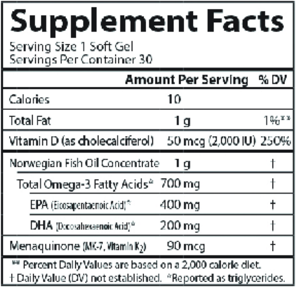 Elite Omega 3 + D3 & K 60+30 Softgels Supplement Facts Label