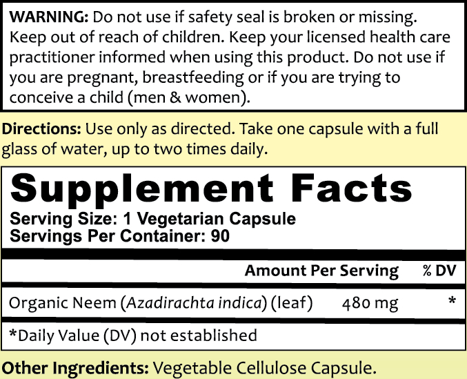 Neem Leaf V-Caps Supplement Facts Label