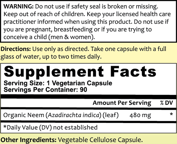 Neem Leaf V-Caps Supplement Facts Label