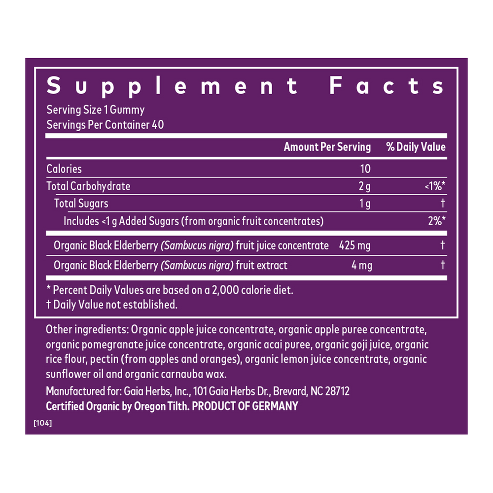 GaiaKids Daily Black Elderberry Gummies Supplement Facts Label