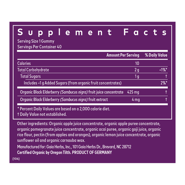 GaiaKids Daily Black Elderberry Gummies Supplement Facts Label