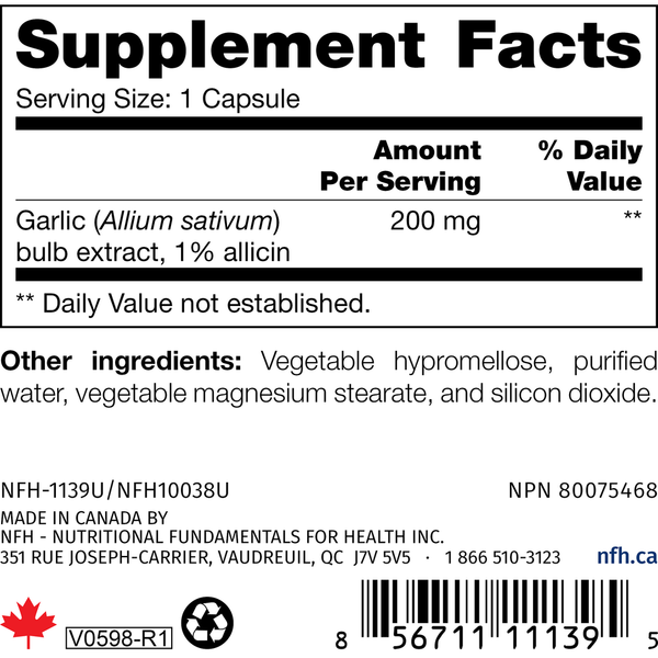 Allicin SAP Supplement Facts Label