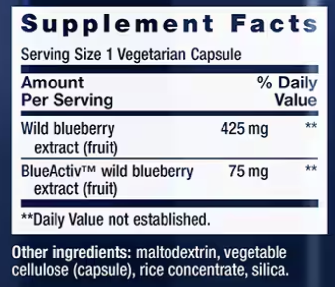 Blueberry Extract Capsules Supplement Facts Label