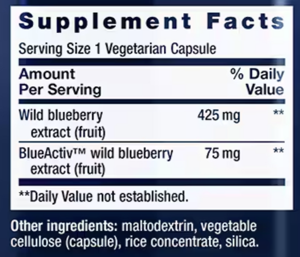 Blueberry Extract Capsules Supplement Facts Label