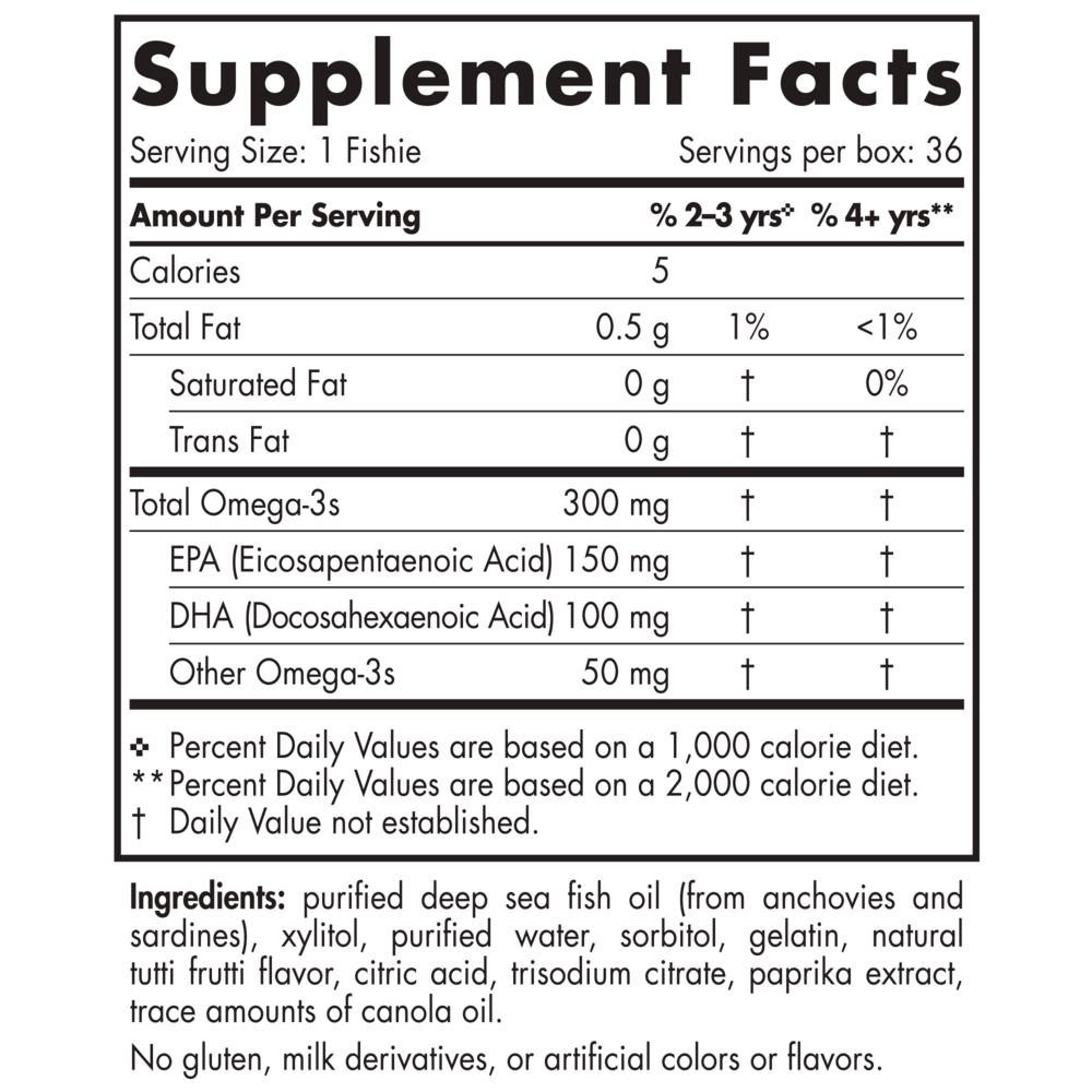 Nordic Omega-3 Fishies 36 Fishies Tutti Frutti Supplement Facts Label