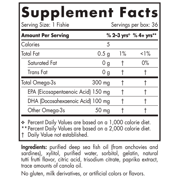 Nordic Omega-3 Fishies 36 Fishies Tutti Frutti Supplement Facts Label