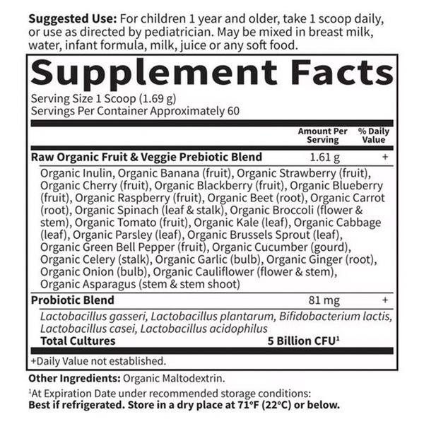 RAW Probiotics Kids Supplement Facts Label