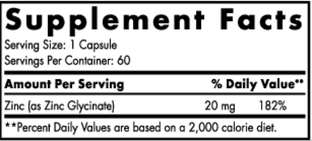 Zinc Glycinate 60 Capsules Supplement Facts Label