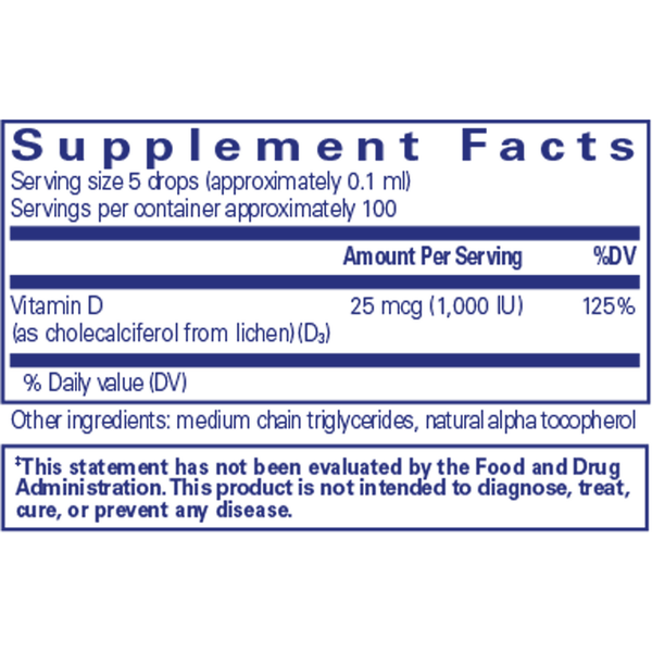 Vitamin D3 (Vegan) Liquid Supplement Facts Label