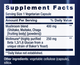 Mushroom Immune with Beta Glucans Supplement Facts Label