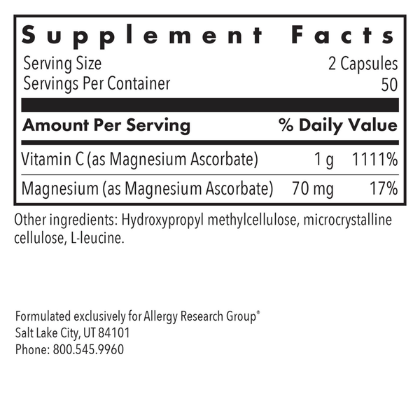 Magnesium Ascorbate Supplement Facts Label