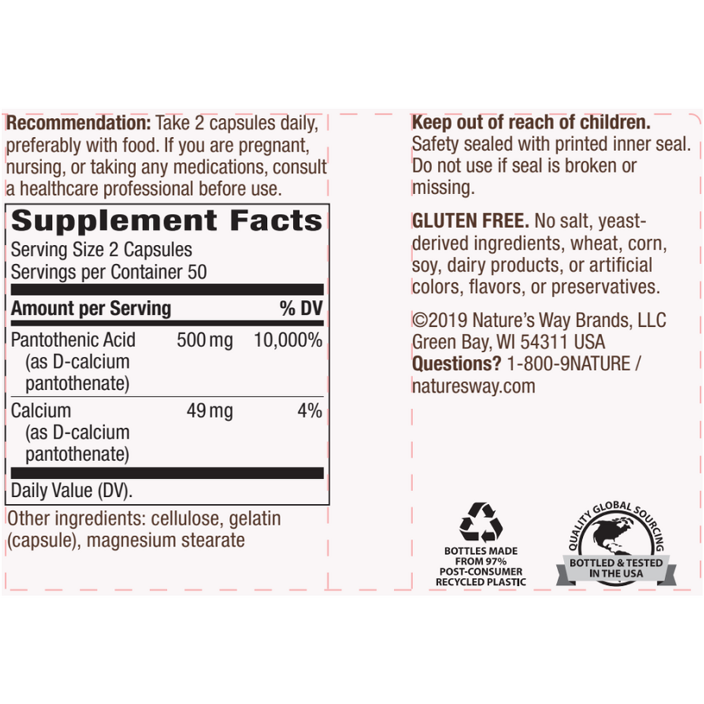 Pantothenic Acid 500 mg Supplement Facts Label