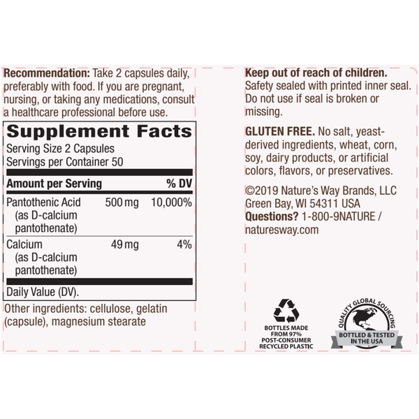 Pantothenic Acid 500 mg Supplement Facts Label