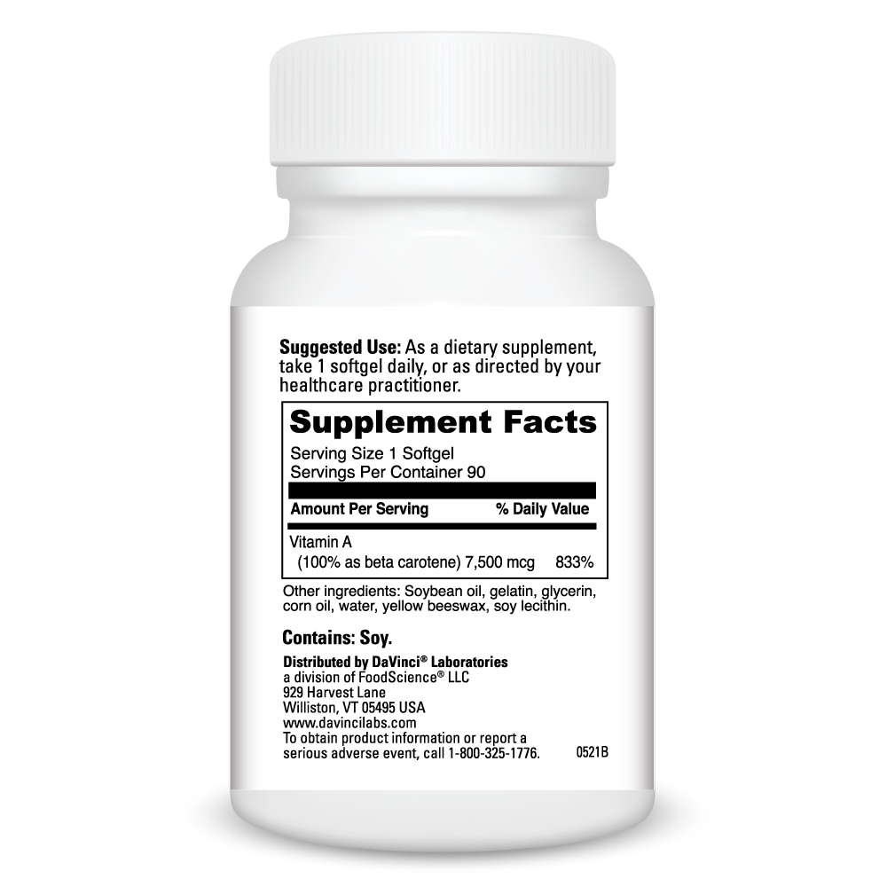 Beta Carotene 180 Softgels Supplement Facts Label